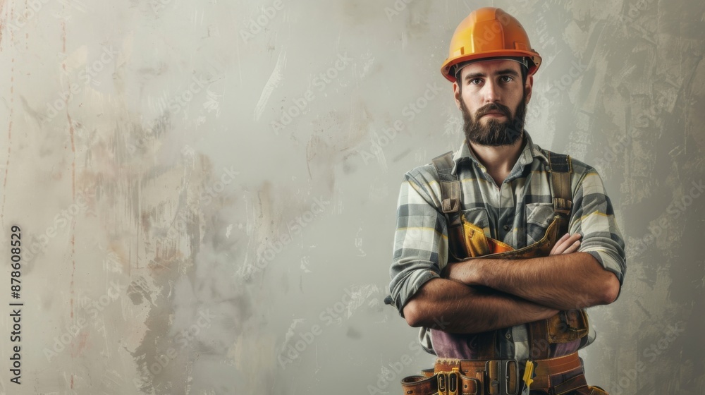 Portrait of construction worker with hard hat and tool belt on light background, with copy space