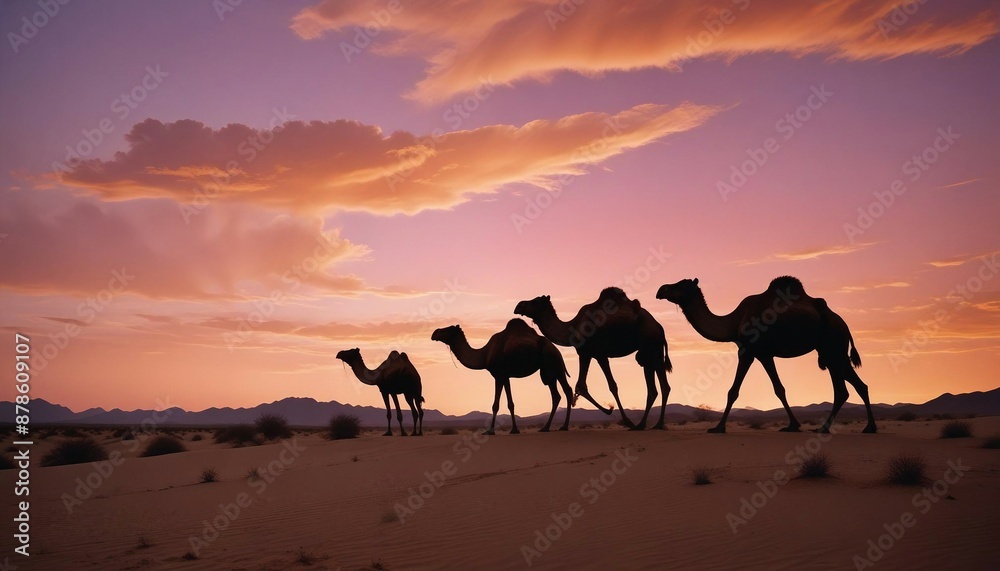 silhouettes of camels moving side by side in the desert at dramatic sunset
silhouettes of camels moving side by side in the desert at dramatic sunset