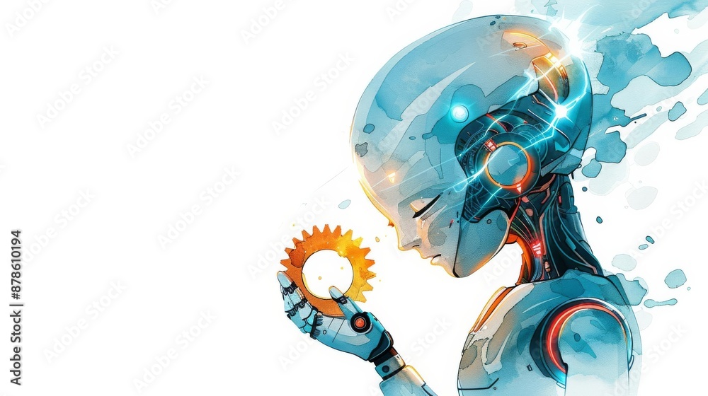 Fototapeta premium Futuristic robot holding a cogwheel, symbolizing advanced technology and artificial intelligence. Vibrant digital art with intricate details.