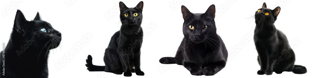 Collection off black cats isolated on transparent or white background Collection off black cats isolated on transparent or white background