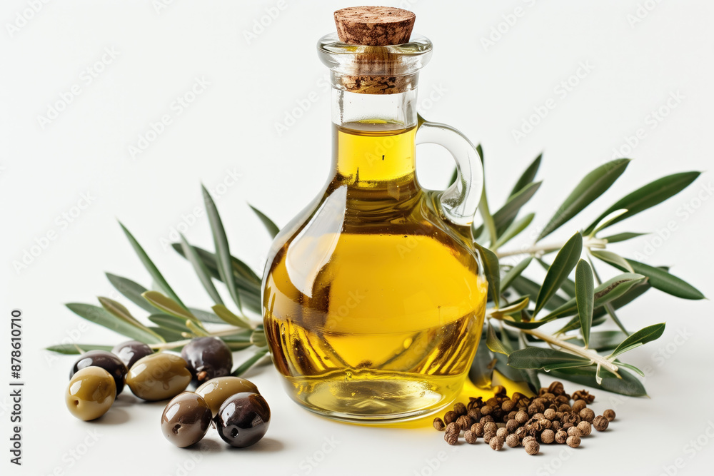 Glass bottle with olive oil and olives. Glass bottle with olive oil and olives.