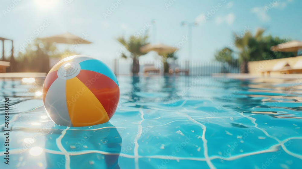 Summer holidays background with colorful beach ball floating on luxury swimming pool and copy space Summer holidays background with colorful beach ball floating on luxury swimming pool and copy space