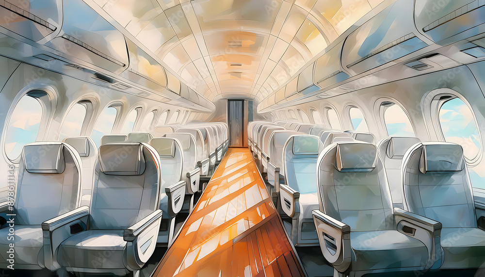 Fototapeta premium Interior of airplane with passengers on seats, reflect the diversity and complexity on digital art concept, Generative AI.