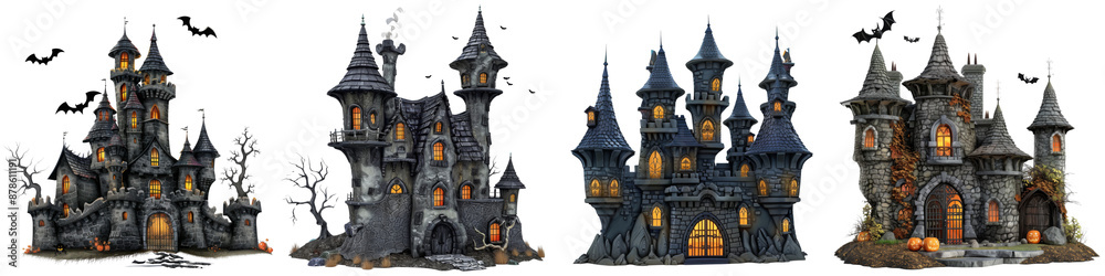 Collection of halloween castles isolated on transparent or white background Collection of halloween castles isolated on transparent or white background