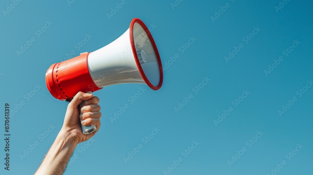 Fototapeta premium Hand holding a red and white megaphone against blue sky