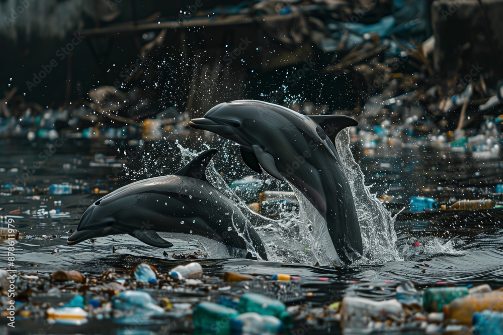 Obraz premium Two dolphins are playing in the water, surrounded by plastic bottles
