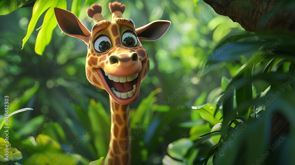 Obraz premium Smiling Giraffe in Lush Green Foliage