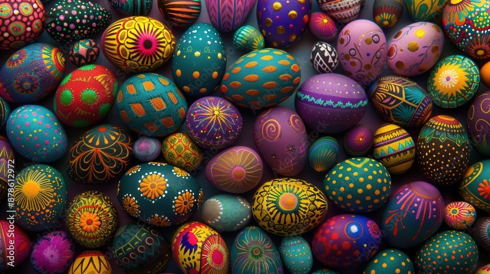 Colorful Paisanky Eggs, AI generative design, intricate patterns, traditional art, modern digital twist, vibrant artwork, detailed craftsmanship, high resolution. Colorful Paisanky Eggs, AI generative design, intricate patterns, traditional art, modern digital twist, vibrant artwork, detailed craftsmanship, high resolution.
