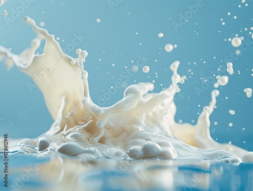 A droplet of milk falls onto a blue surface, creating a small white splash