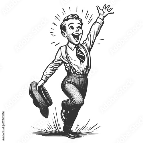 joyful man celebrating, with one hand holding a hat and a wide smile, in vintage style sketch engraving generative ai fictional character vector illustration. Black and white image.
