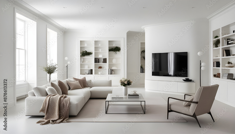 Frame mockup A paper size.  Living room wall poster mockup design.Interior mockup with house background. Modern interior design. 3D render