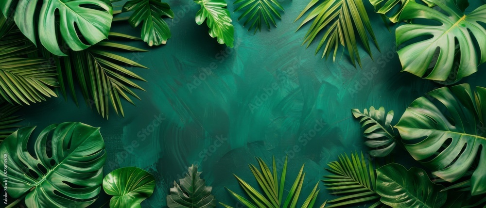 Fototapeta premium Tropical leaf frame on green background with copy space. Flat lay. Top view. Summer or spring nature concept