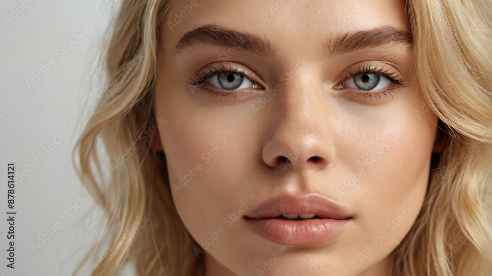 Close-up photo of beautiful blonde model with shiny perfect skin. Beauty makeup commercial cover Close-up photo of beautiful blonde model with shiny perfect skin. Beauty makeup commercial cover