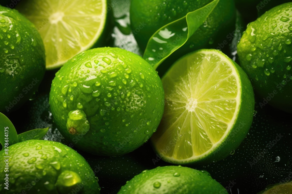 Close-up of whole and halved green bergamot surrounded by lush green leaves, background with drops of water. Close-up of whole and halved green bergamot surrounded by lush green leaves, background with drops of water.