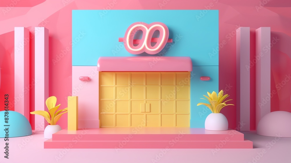 Colorful 3D illustration of a modern building with vibrant pastel colors, featuring plants and a playful design, perfect for creative projects. Colorful 3D illustration of a modern building with vibrant pastel colors, featuring plants and a playful design, perfect for creative projects.