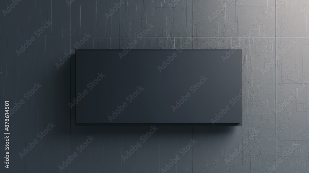 Fototapeta premium A blank black signage mockup mounted on a dark tiled wall. The minimalist design provides a sleek and modern backdrop for advertising or branding presentations.