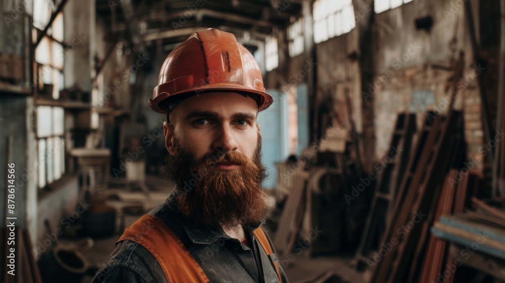 Waist up portrait of bearded factory worker wearing hardhat looking at camera while standing in workshop Waist up portrait of bearded factory worker wearing hardhat looking at camera while standing in workshop