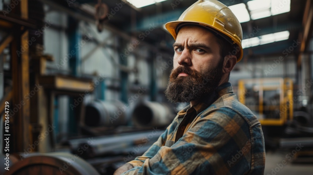Waist up portrait of bearded factory worker wearing hardhat looking at camera while standing in workshop Waist up portrait of bearded factory worker wearing hardhat looking at camera while standing in workshop