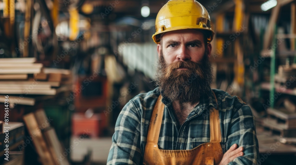 Waist up portrait of bearded factory worker wearing hardhat looking at camera while standing in workshop Waist up portrait of bearded factory worker wearing hardhat looking at camera while standing in workshop