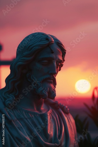 A statue of Jesus Christ with a cross in the background, suitable for religious or inspirational contexts