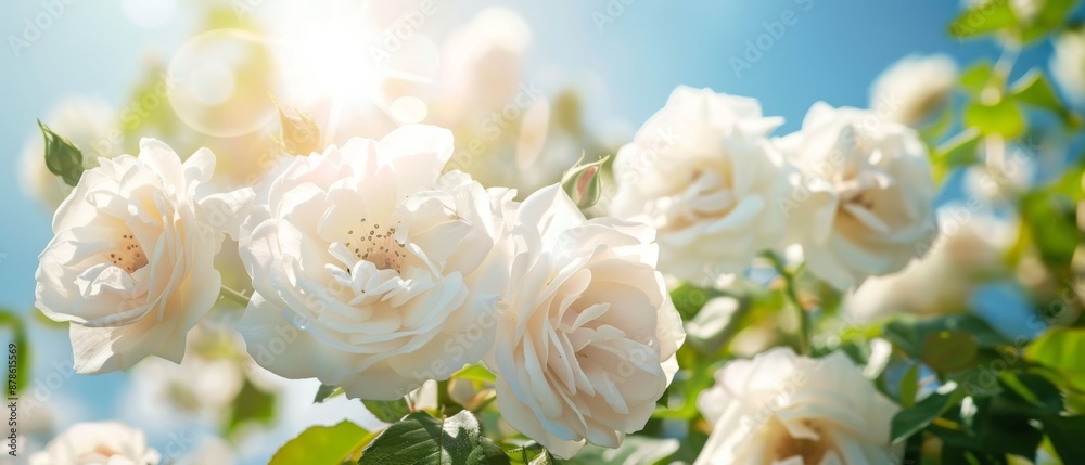White bush roses on a background of blue sky in the sunlight. Beautiful spring or summer floral background White bush roses on a background of blue sky in the sunlight. Beautiful spring or summer floral background