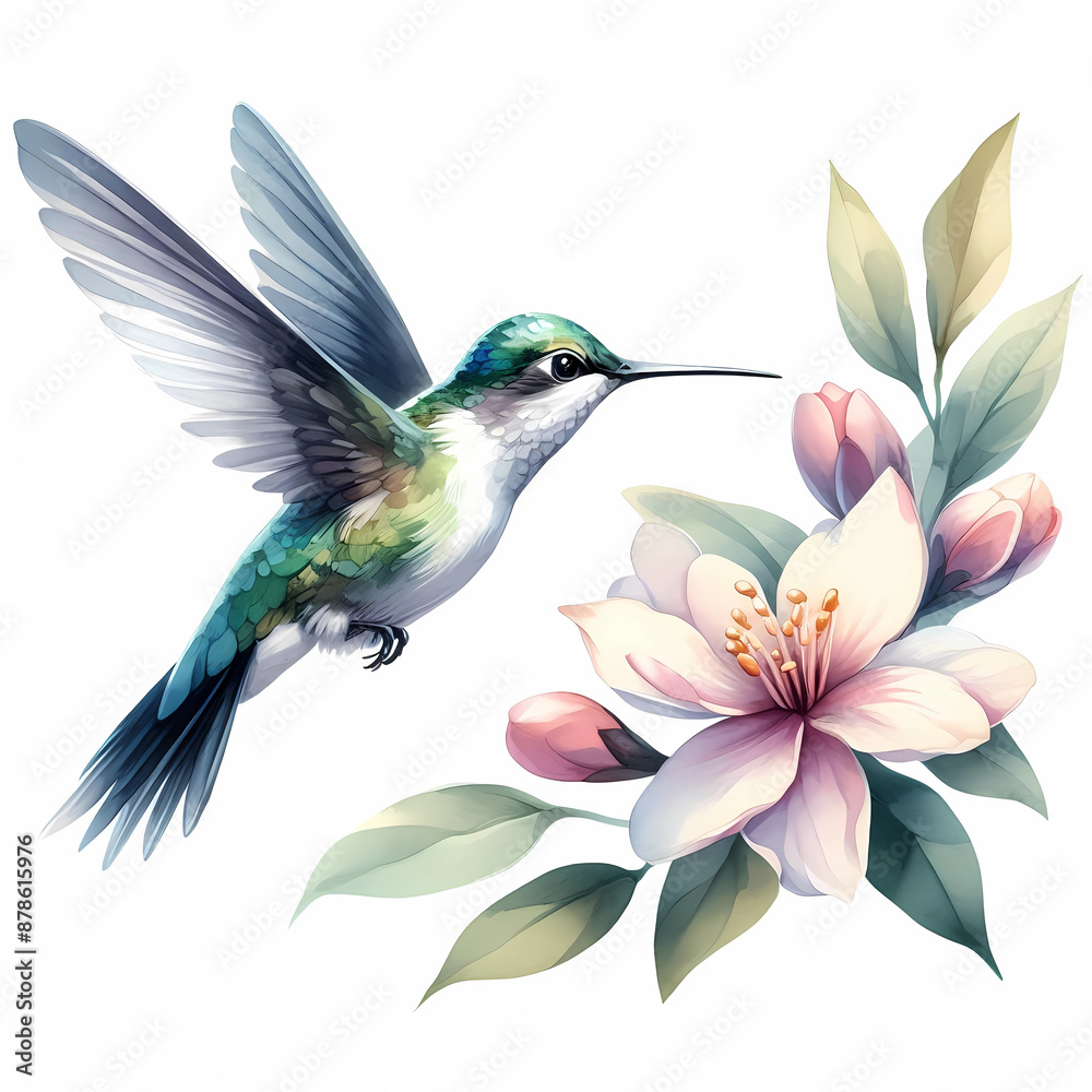 Obraz premium watercolor of hummingbird hovering over a flower on white background