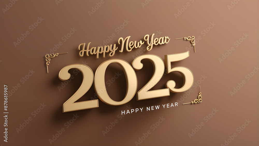 2025 Happy new year text gold 3D on brown background, minimal background ,2025 word on 3D golden render,top view,decorate the card, number on 2025..for celebration and transition concept. 2025 Happy new year text gold 3D on brown background, minimal background ,2025 word on 3D golden render,top view,decorate the card, number on 2025..for celebration and transition concept.
