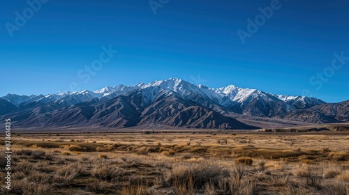 Snow-capped mountains with a clear, crisp blue sky,