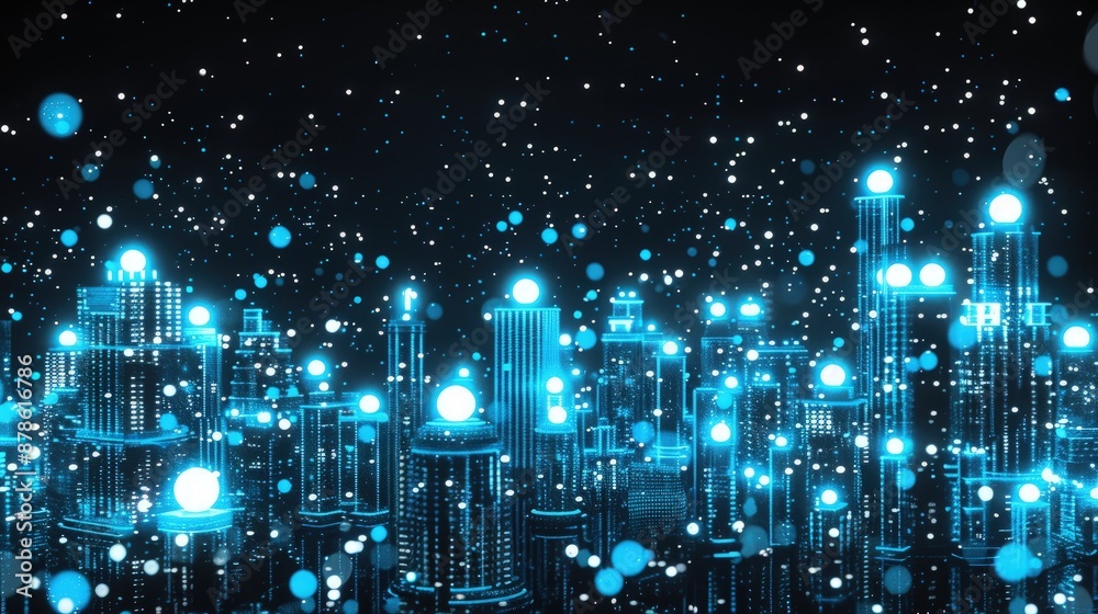 Obraz premium A futuristic cityscape with buildings emitting blue glowing bubbles of different sizes, with white stars dotting the night sky, reflecting a high-tech neon vibe on a black background.