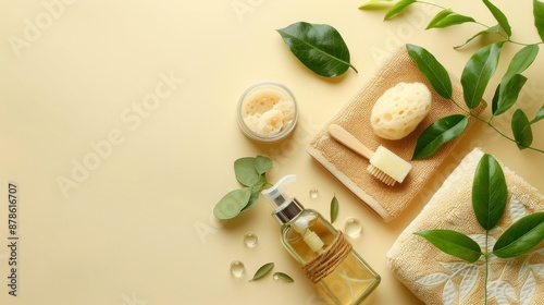 Wallpaper Mural SPA organic natural cosmetic glass bottle containers with luffa sponge, solid soap, towel and green Torontodigital.ca