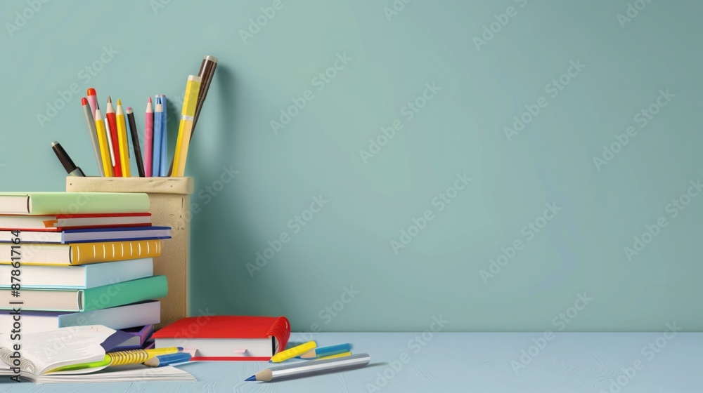 Fototapeta premium Mockup with space for text with School supplies ready for use on the first day of school on a soft background.