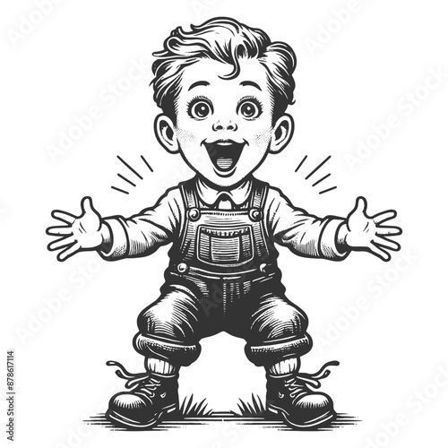 happy boy in overalls, with open arms and a wide smile, joy and excitement sketch engraving generative ai fictional character vector illustration. Scratch board imitation. Black and white image.