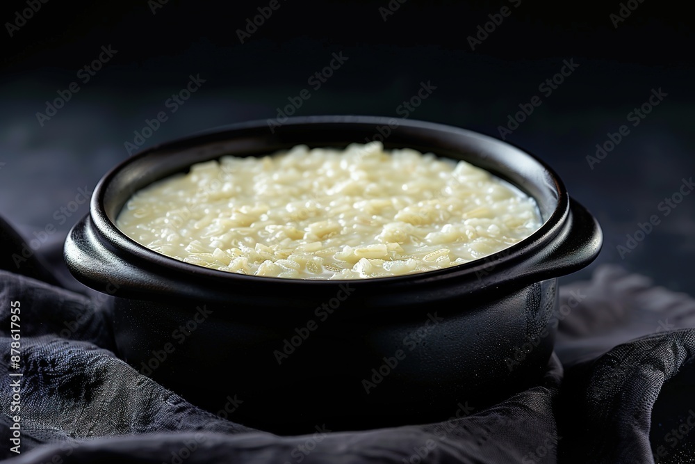 Creamy rice pudding in black bowl on dark background. Creamy rice pudding in black bowl on dark background.