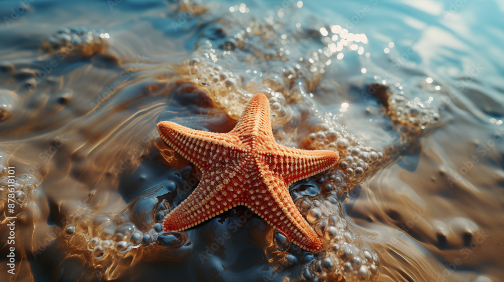 A starfish on wet sand on sunny day A starfish on wet sand on sunny day