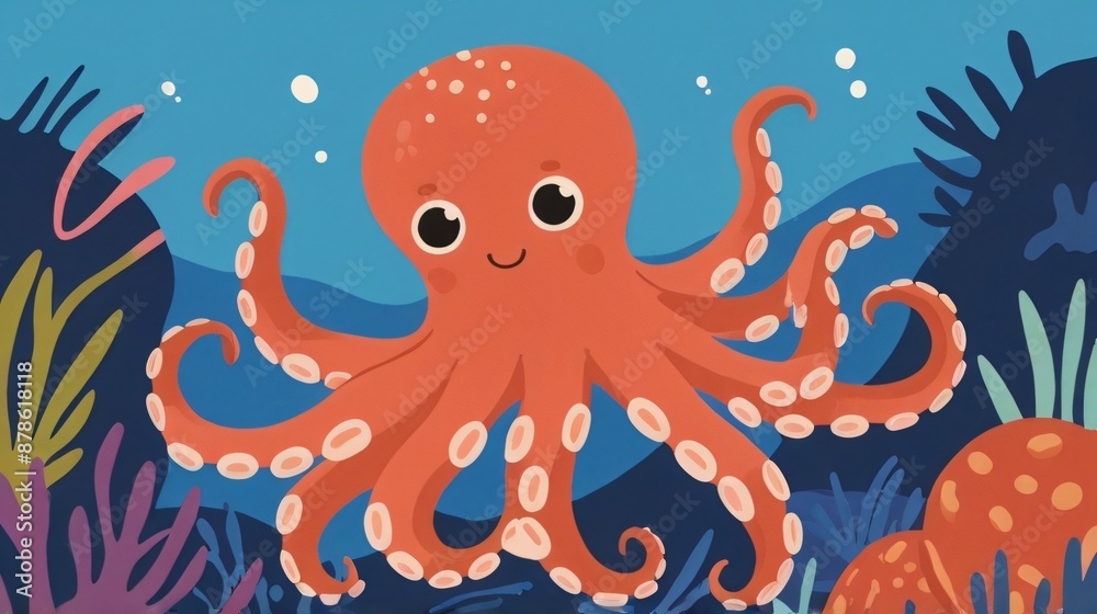 flat illustration cute octopus with deep sea background flat illustration cute octopus with deep sea background
