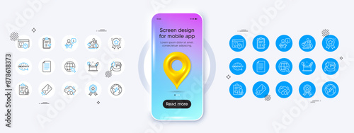 Phone mockup with 3d map pin icon. Project deadline, E-mail and Creativity line icons. Pack of Brush, Internet, Approved checklist icon. Winner ribbon, Co2, Ranking star pictogram. Vector