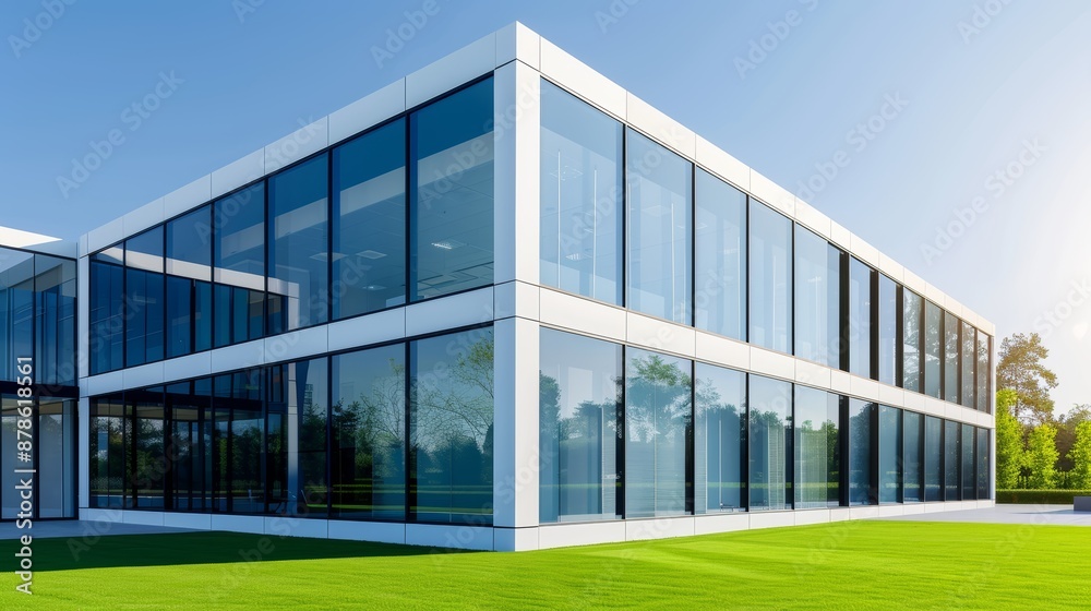 Fototapeta premium Modern office building with large glass windows, green lawn, sunny day, clear blue sky, high-resolution photo for corporate and architecture themes, focus cover all object