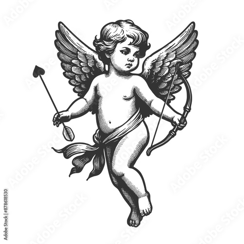 Cupid, cherubic figure with wings, aiming a bow and arrow, love and romance sketch engraving generative ai fictional character vector illustration. Scratch board imitation. Black and white image.