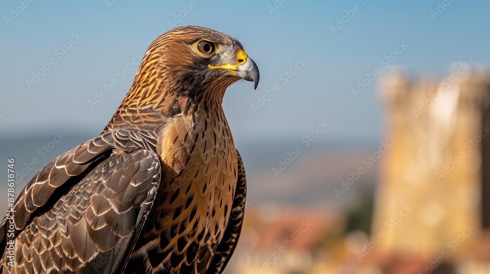 A majestic and clear photo of a Goldeeg bird against the backdrop of a historic castle, focus cover all object A majestic and clear photo of a Goldeeg bird against the backdrop of a historic castle, focus cover all object