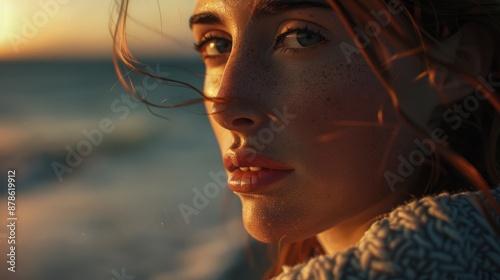 Golden Hour Serenity: Close-Up Portrait of a Woman at Sunset