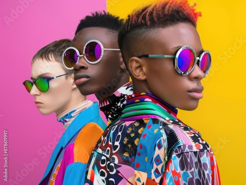 Group of young teen mix gender and ethnicity with colorful rainbow colors. people fashionable hair style, wearing round chrome vibrant reflect sunglasses, vivid patterned jacket.