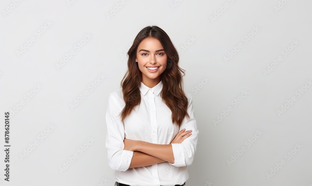 A cheerful brunette businesswoman student in a white button-up shirt, smiling confident and cheerful with arms folded, isolated on a white background A cheerful brunette businesswoman student in a white button-up shirt, smiling confident and cheerful with arms folded, isolated on a white background