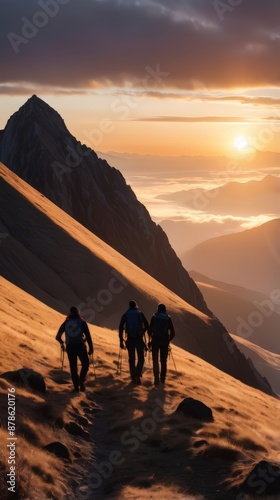 Silhouette photo of climbers walking up a mountain with a view of the sunset. Group of people on peak mountain climbing helping team work , travel trekking success business concept