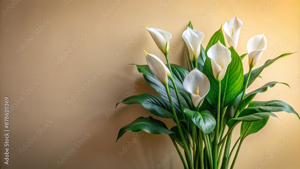 Naklejka premium Sleek, elegant peace lilies arranged artfully on a simplistic, bright background, providing ample space for text or design overlay.