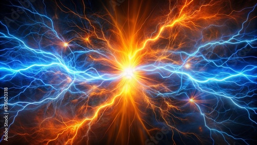 Energetic fusion of radiant blue and orange electricity coursing through dark canvas, mesmerizing viewers with its intense, futuristic aesthetic appeal.