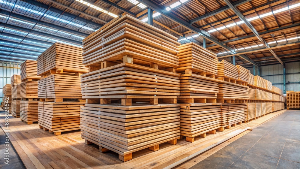 Piles of rough-cut solid wood deck boards stacked horizontally on a warehouse floor, awaiting use in construction and renovation projects. Piles of rough-cut solid wood deck boards stacked horizontally on a warehouse floor, awaiting use in construction and renovation projects.