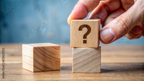 Isolated wooden block with question mark symbol being chosen by an invisible hand, leading to a successful decision path.