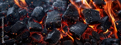 Orange wild fire burning on black coal and ash, prepared for barbecue grill AI Generative