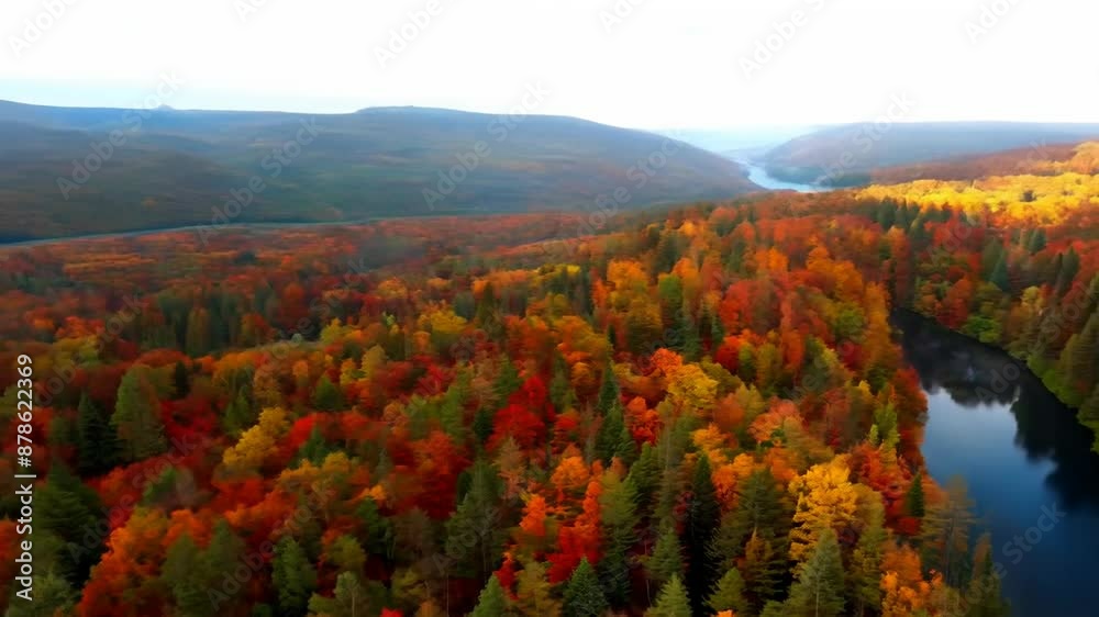 Autumnal aerial view of vibrant forest with river Autumnal aerial view of vibrant forest with river