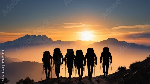 Silhouette photo of climbers walking up a mountain with a view of the sunset. Group of people on peak mountain climbing helping team work , travel trekking success business concept. Generative AI